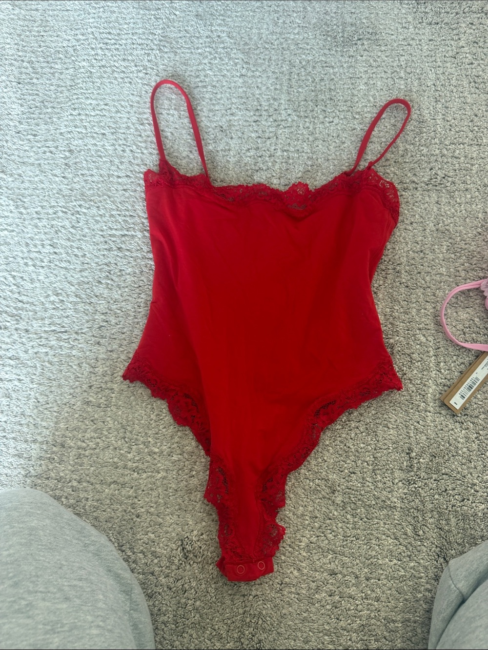 SKIMS Red Lace-Trim Bodysuit Slip